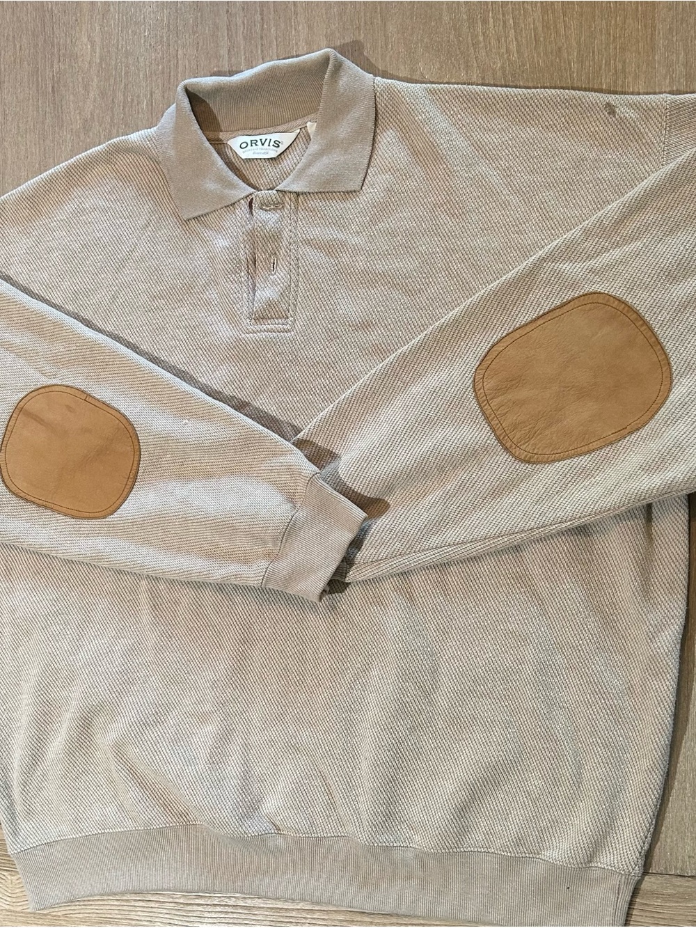Orvis XXL Leather Elbow Patch Polo Pullover Sweater Tan Cotton Blend 2XL
